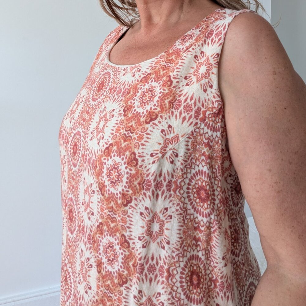 Coldwater Creek Linen Dress Rust Medallion Sleeveless Beach